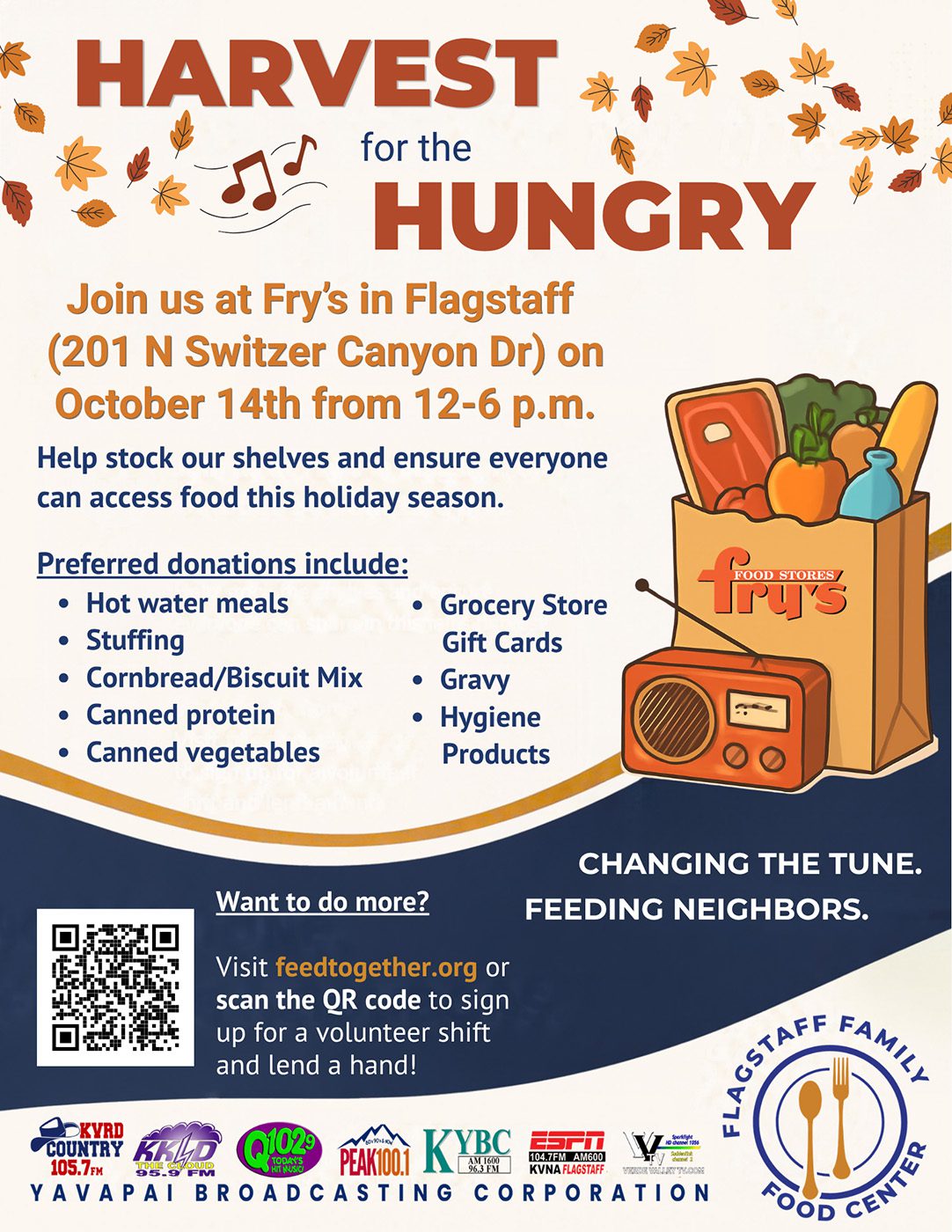 October 14 Food Drive Harvest for the Hungry flyer with event details